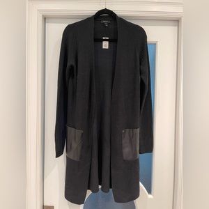 BNWT open front long cardigan with leather patch pockets